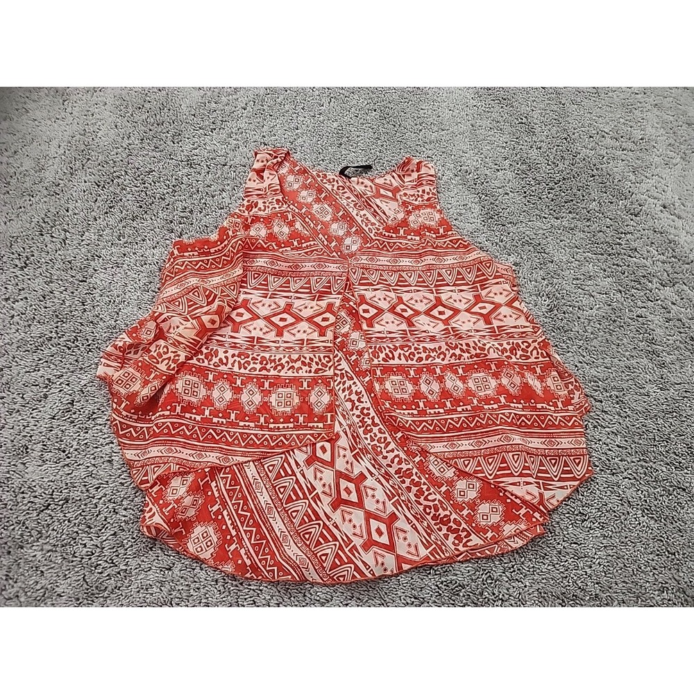 Kay Celine Blouse Women Large Red Geometric Tribal Sleeveless High-Low Faux Wrap